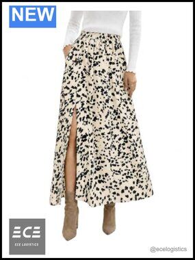 Boho Floral Maxi Skirt High Waist A-Line Side Slit Flowy with Pockets